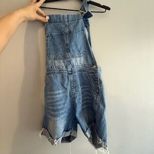 One strap Denim Short Overalls - Blue Distressed